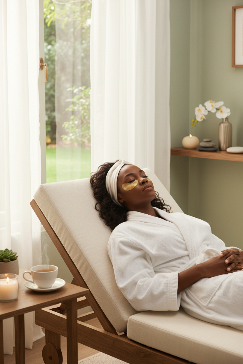 Black woman relaxing with eye patches